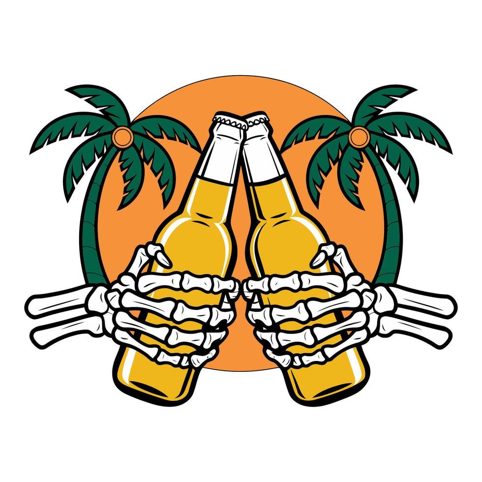 Skeleton Hands Toasting Beer Bottles Tropical Illustration vector