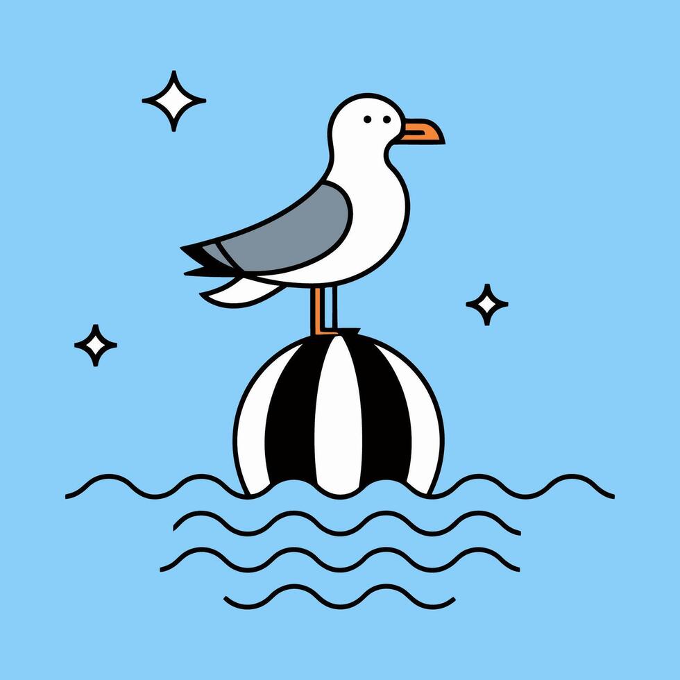 Seagull Standing on a Beach Ball in the Ocean Illustration vector