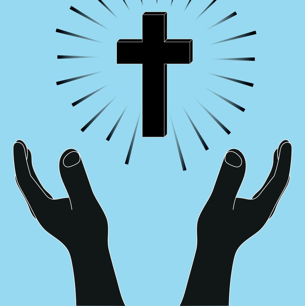 Hands in the air towards a Christian Cross, Christianity or Church based graphic element, worship or faith design concept vector