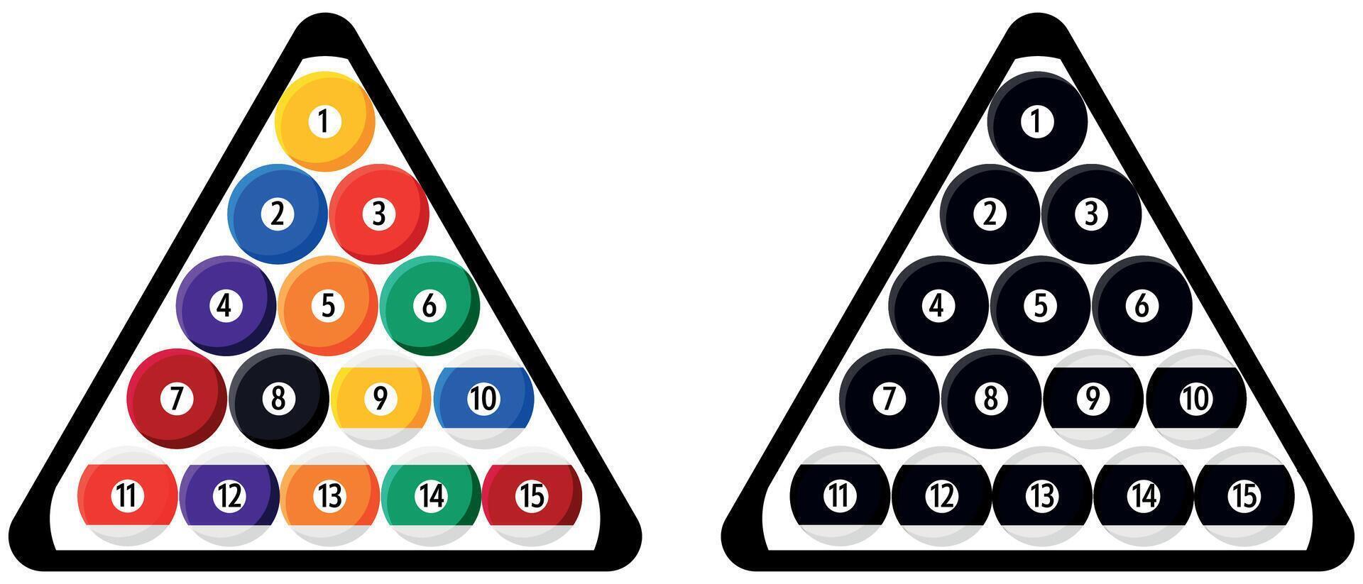 Pool Balls racked up in a triangle, colour and black silhouette version isolated on a white background vector