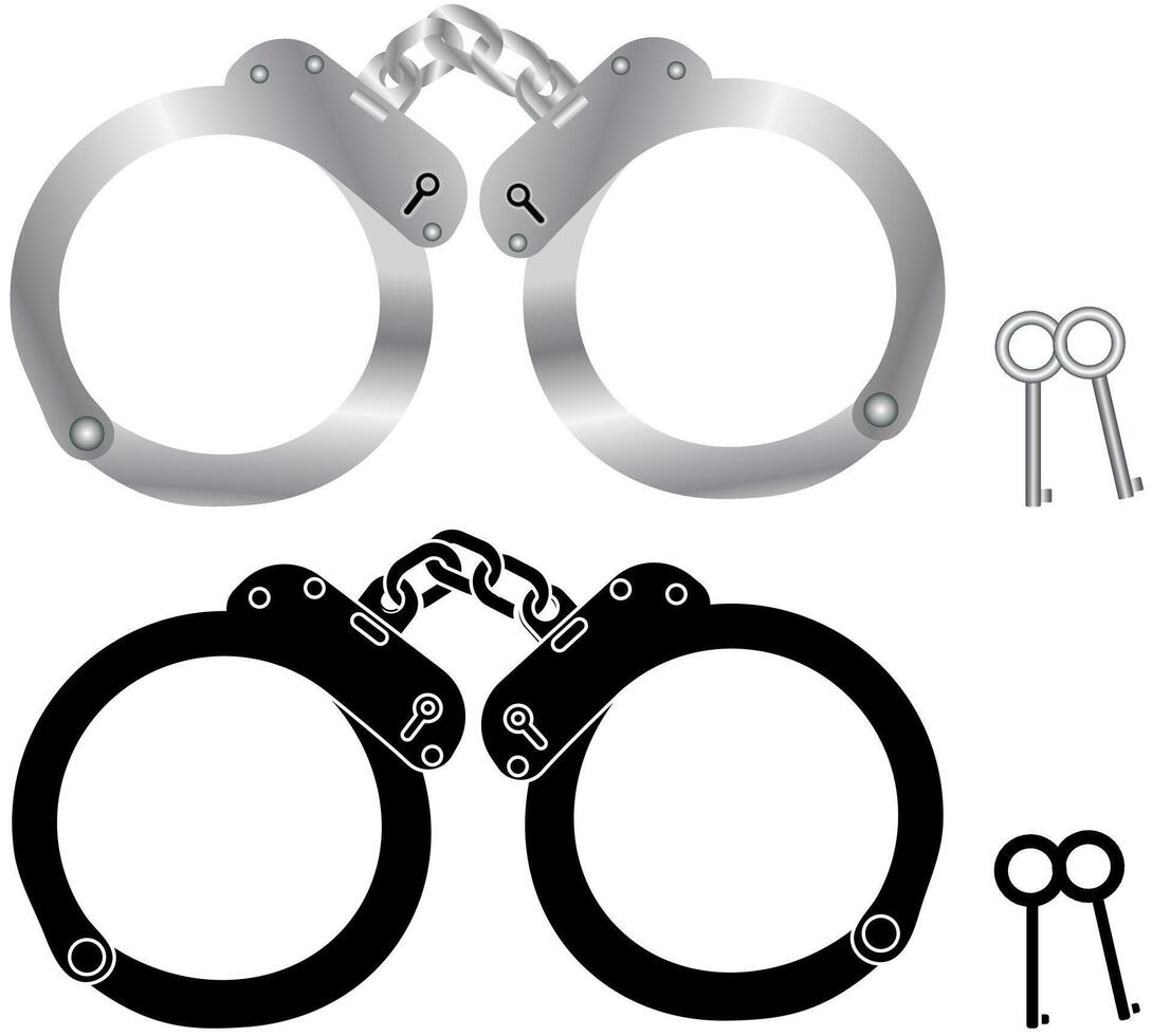 Set of Silver and Black Handcuffs with keys isolated on a white background, Crime or theft concept graphic element vector