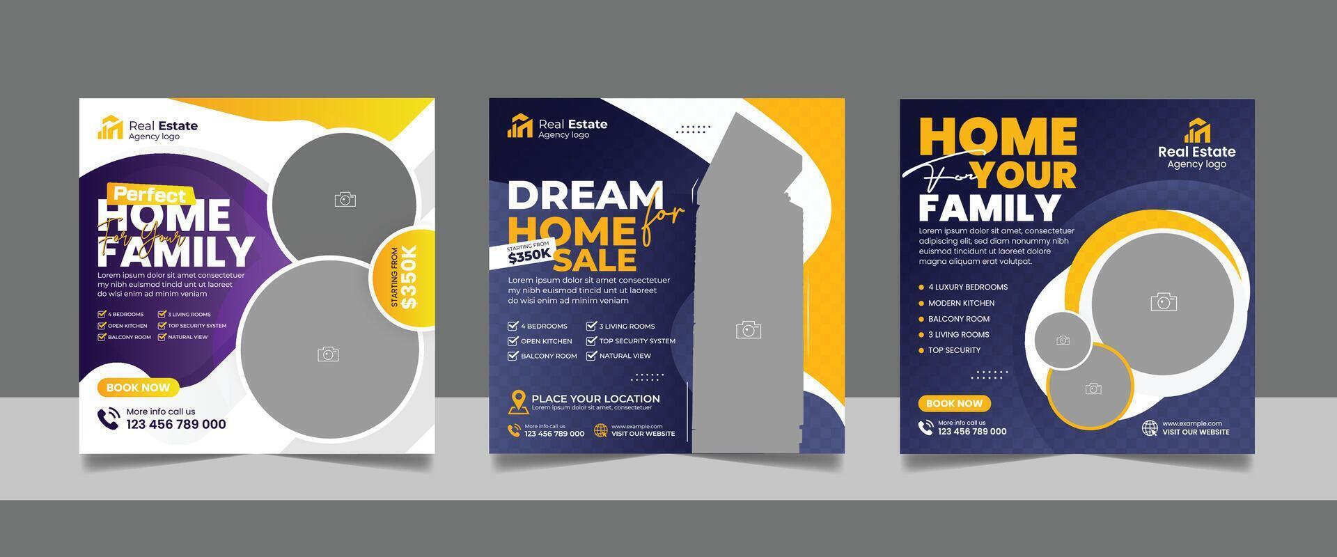 Real Estate House Property Social Media Post Set, Modern Home Furniture Sale Marketing Promotion Square Flyer Design Web Banner Template. vector