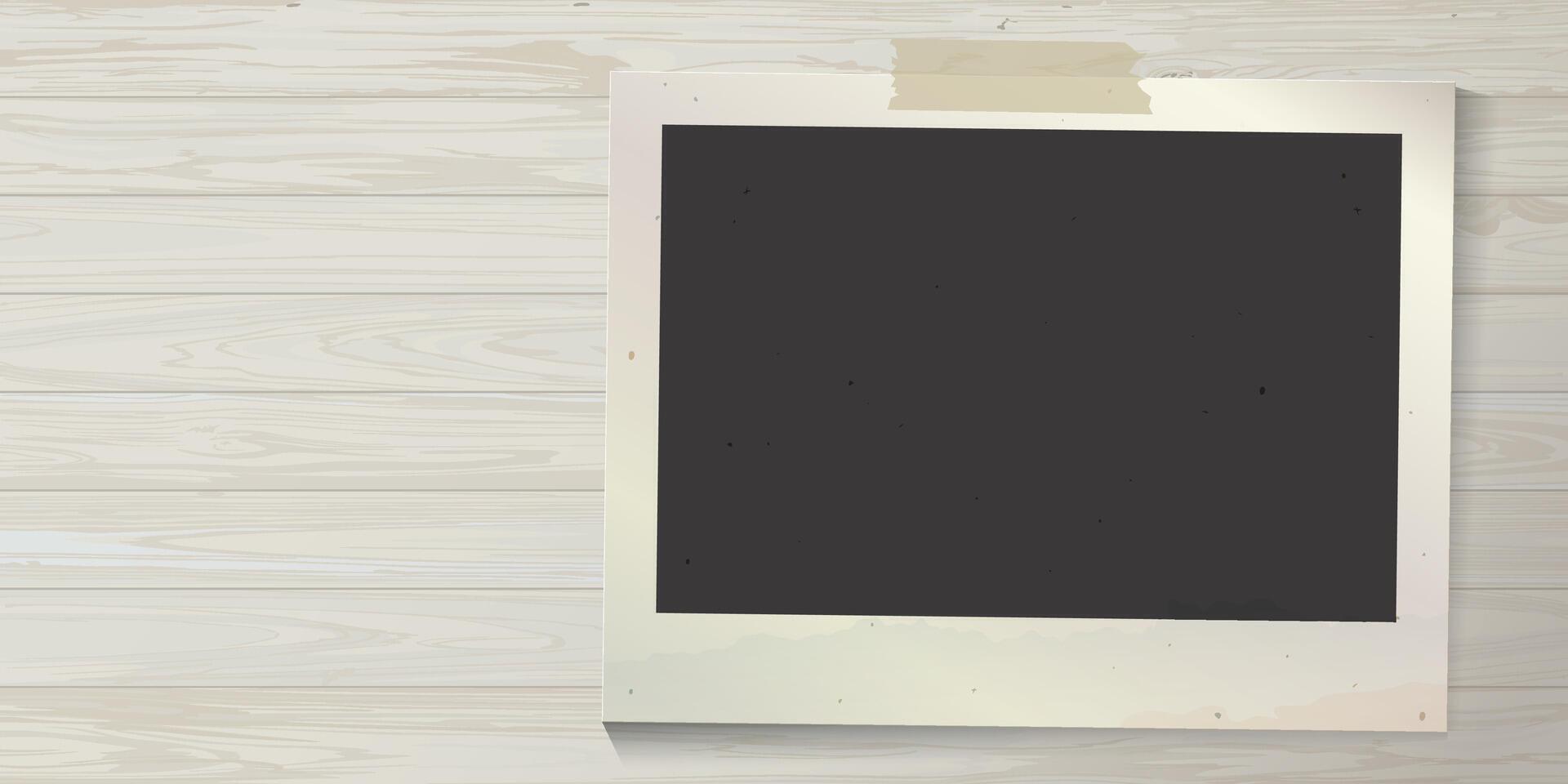 Blank old photograph paper sticked on whitewashed wooden background graphic illustration have blank space. vector