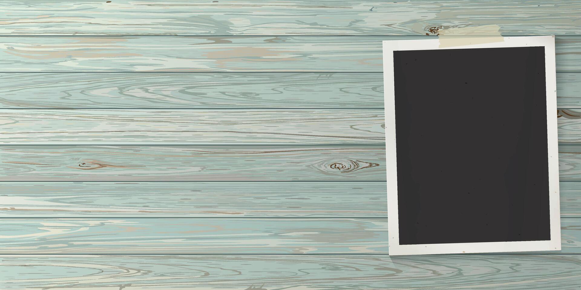 Blank old photograph paper vertical frame stick on cut timber panels turquoise blue colores distressed weathered background graphic illustration have blank space. vector