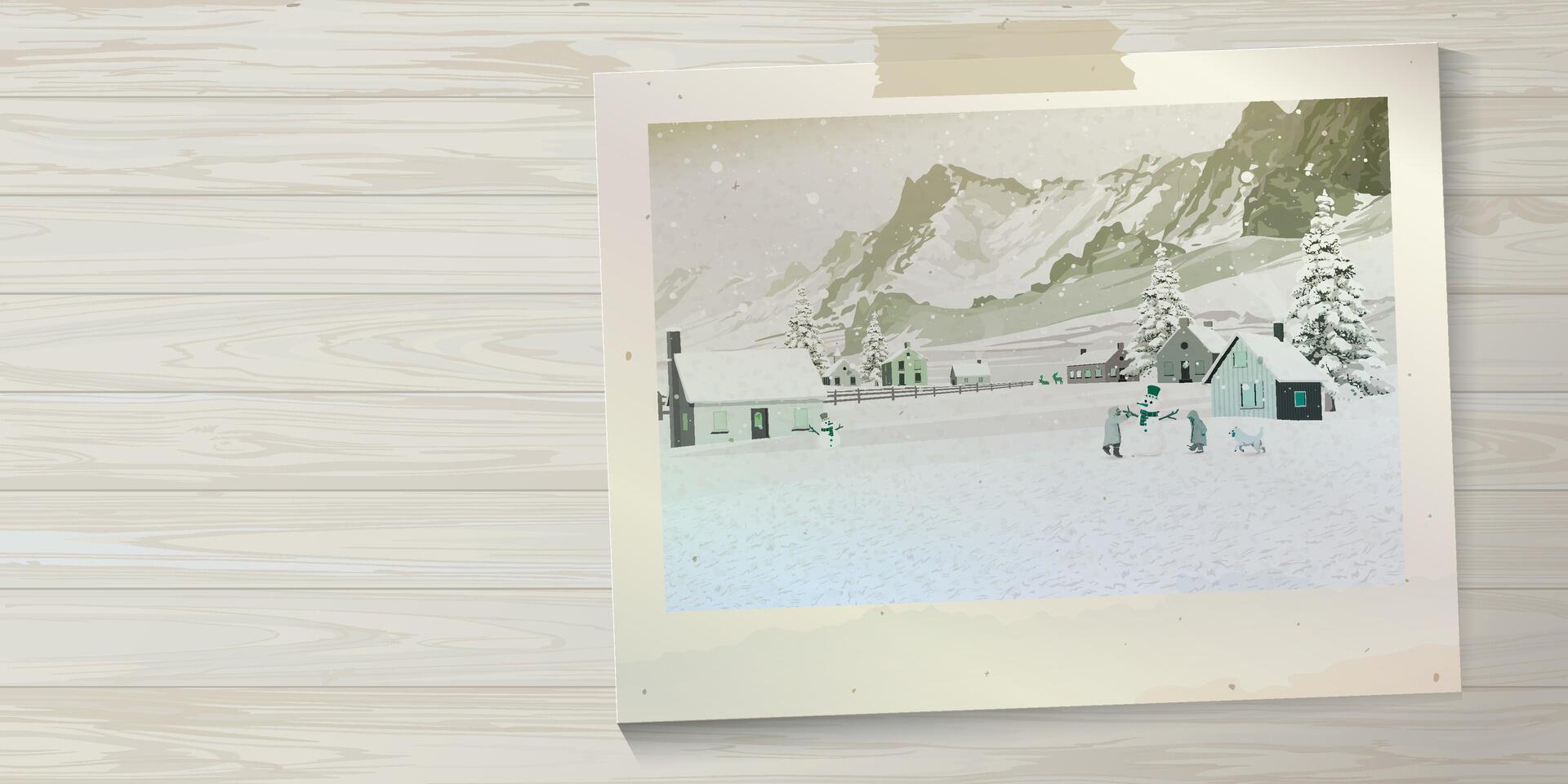 Old photograph paper of small town in winter landscape sticked on whitewashed wooden background graphic illustration have blank space. vector