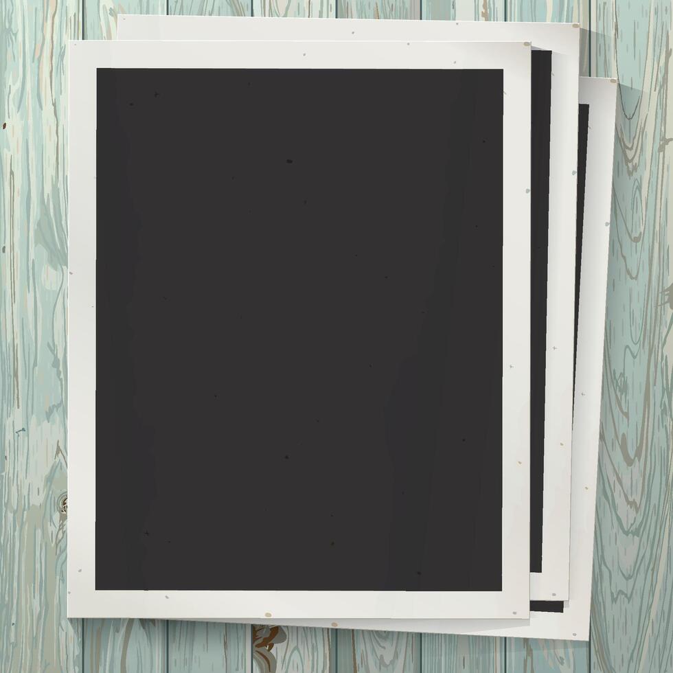 Blank old photograph paper vertical frames superimposed on cut timber panels turquoise blue colores distressed weathered square background graphic illustration. vector