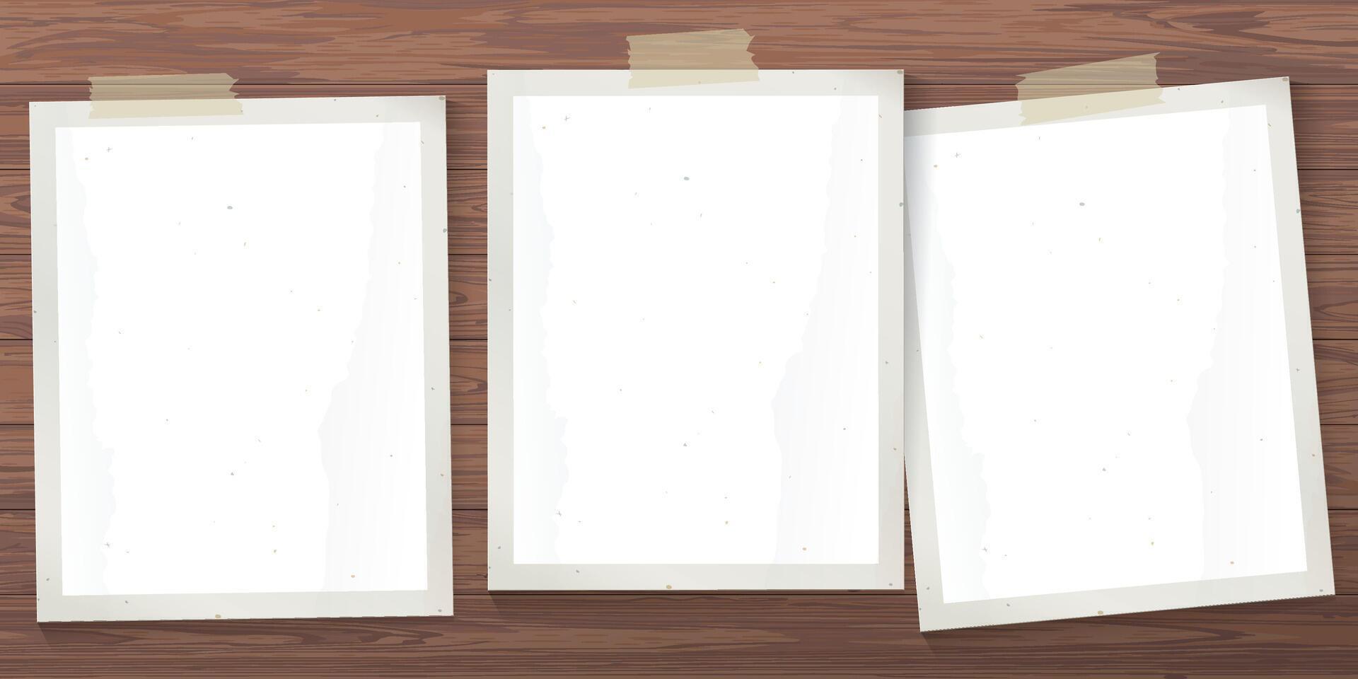3 of blank old photograph paper vertical frames stick on cut timber panels horizontal background graphic illustration. vector