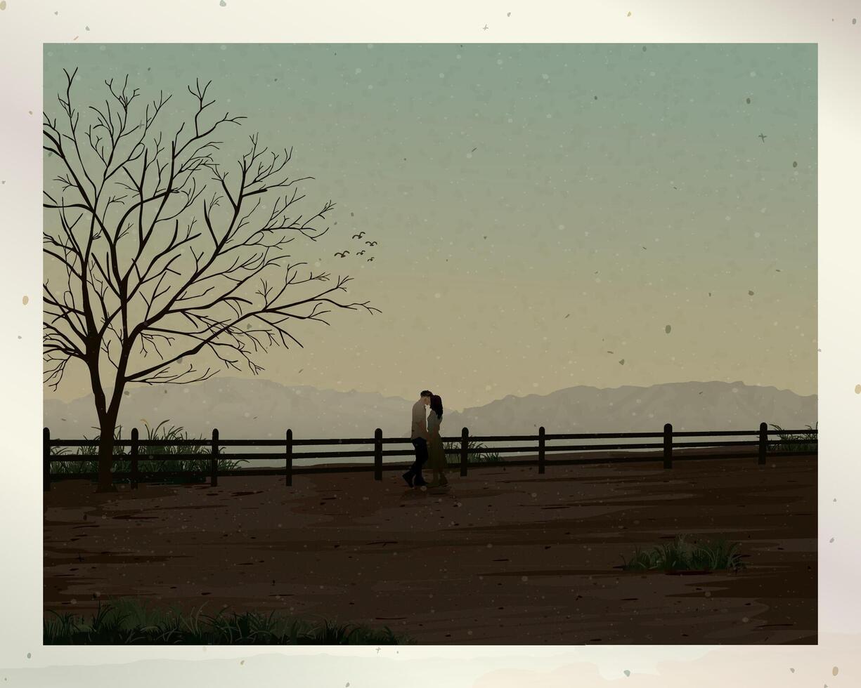 Old photograph of silhouette couple of lover kissing at the cliff in autumn season have mountain ranges and vanilla sky background graphic illustration. vector