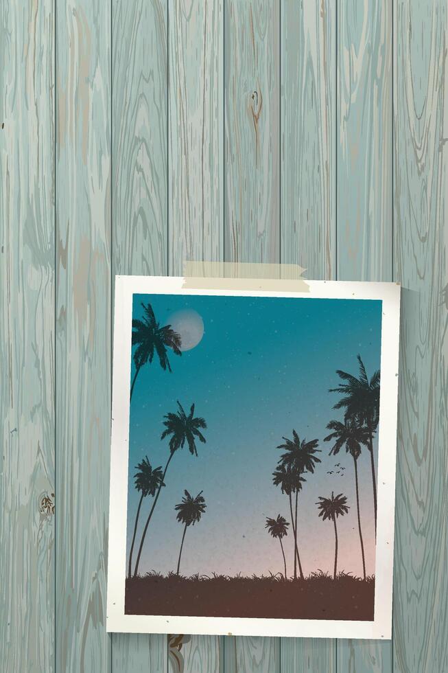 Old photo of silhouette coconut palm trees stick with sunset sky on wooden turquoise blue colores distressed weathered vertical background graphic illustration have blank space. vector