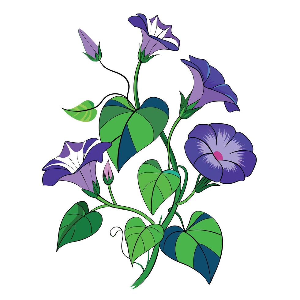 Intricate Details of a Morning Glory Vine in a Natural Setting with Wildflowers and Butterflies in a Garden with a Pond vector