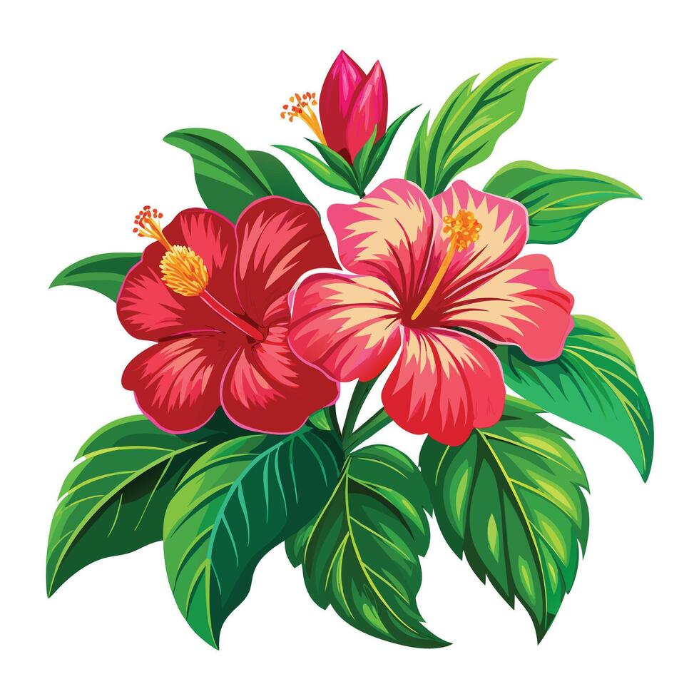 Intricate Details of a Hibiscus Plant in a Natural Setting with Wildflowers and Butterflies Isollated on White Background vector