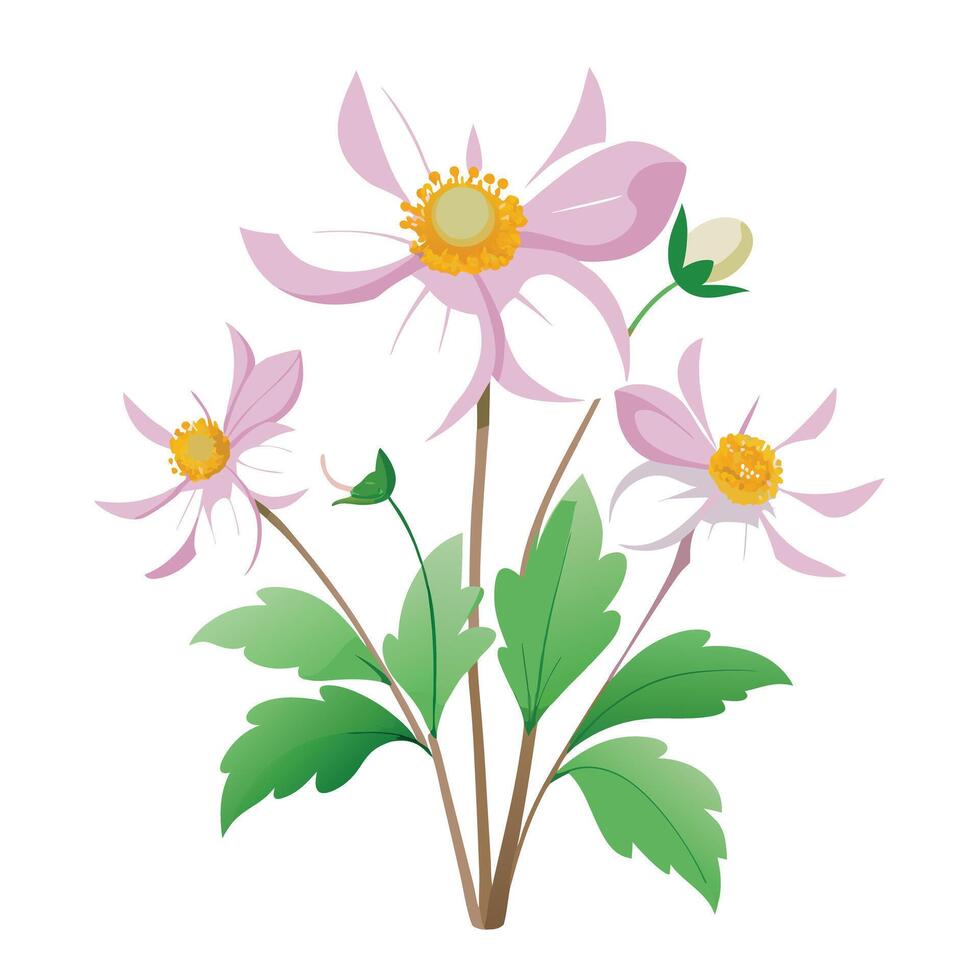 Intricate Details of a Japanese Anemone Plant in a Natural Setting with Wildflowers and Butterflies vector