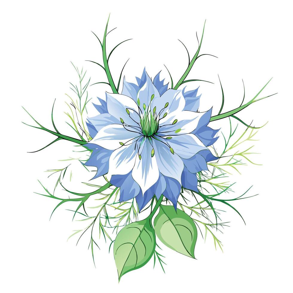 Intricate Details of a Love-in-a-Mist Flower in a Natural Setting with Wildflowers and Butterflies vector