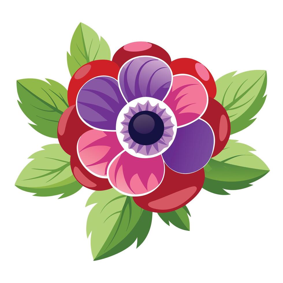 Anemone Flower with Purple Petals and Green Leaves in a Garden Setting vector