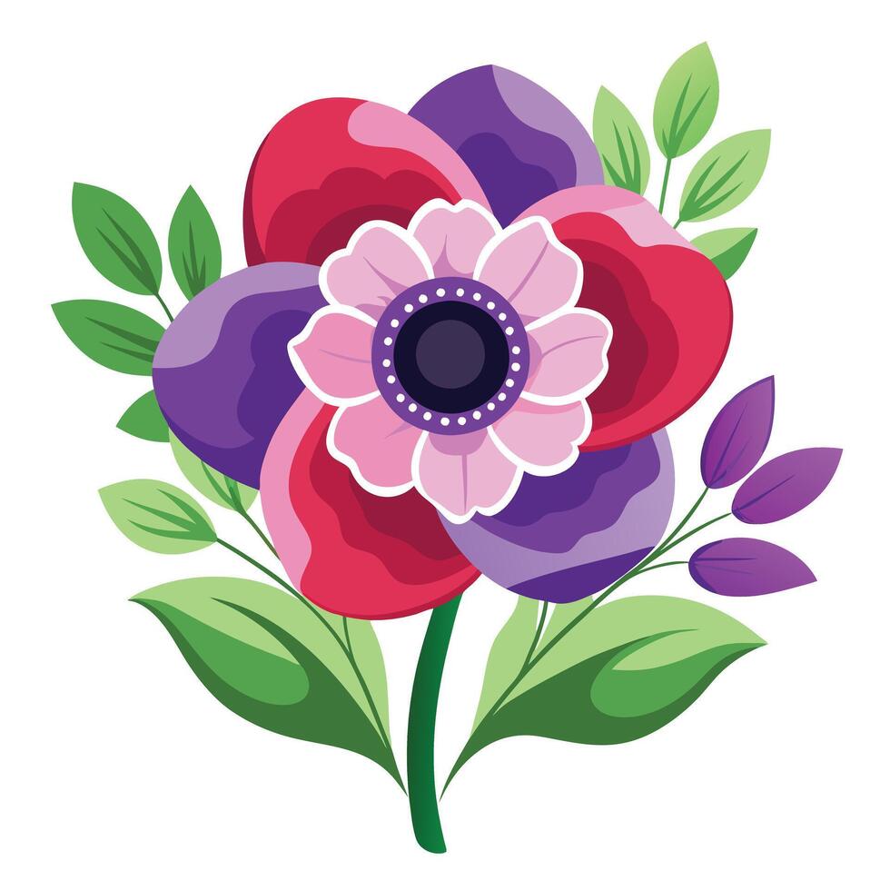 Beautiful Anemone Flower with Delicate Petals and Green Leaves vector