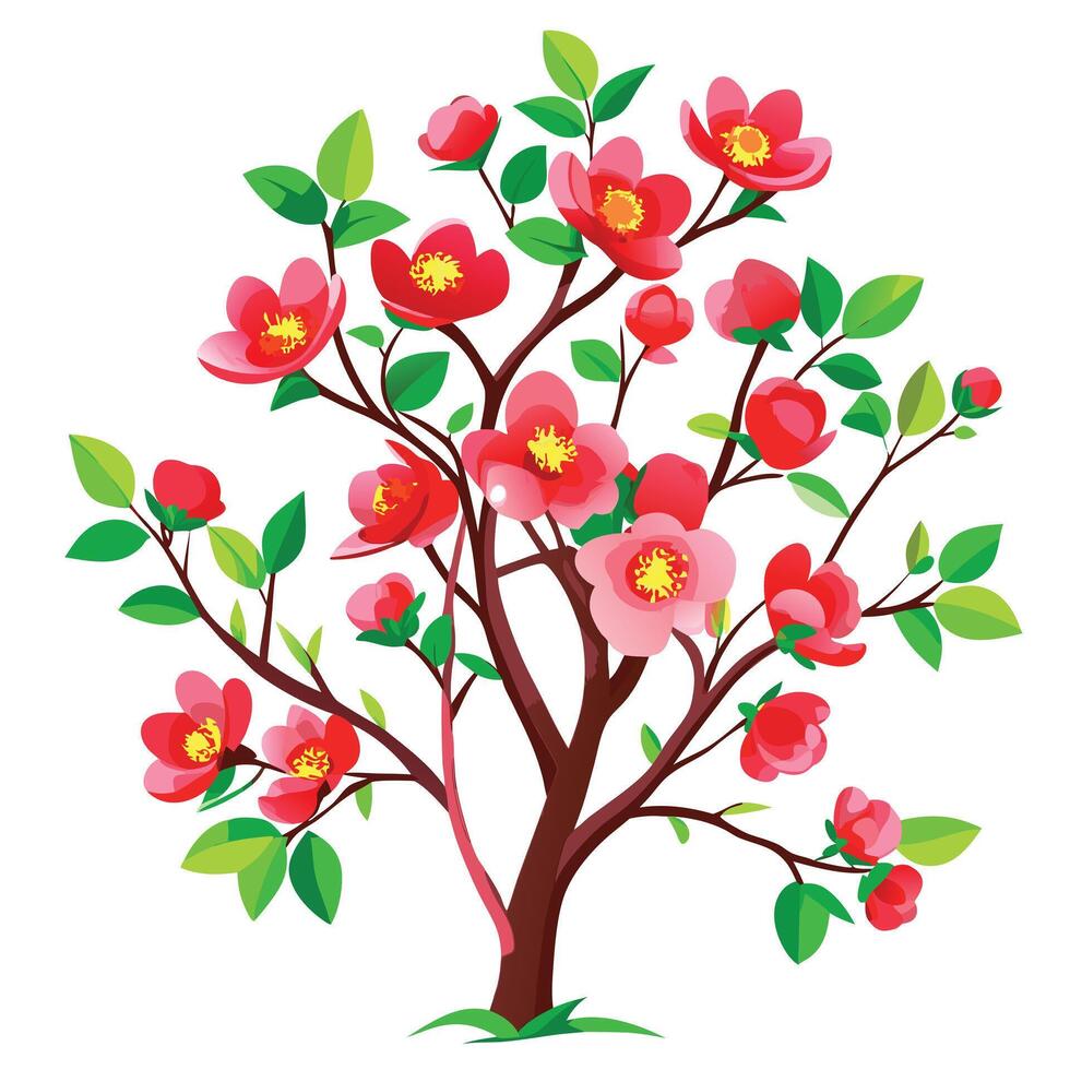 Intricate Details of a Japanese Quince Bush in a Natural Setting with Wildflowers and Butterflies vector