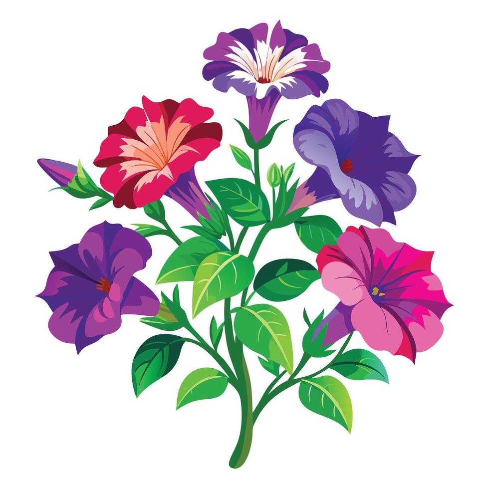Detailed Illustration of a Petunia Plant with White Petals and Long Stems vector