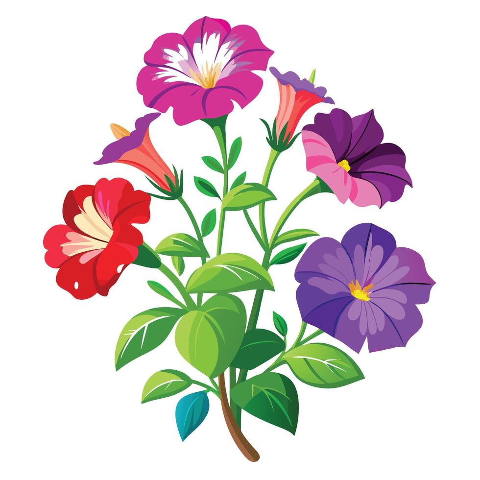 Petunia Plant with Purple Flowers and Green Leaves in a Garden Setting vector