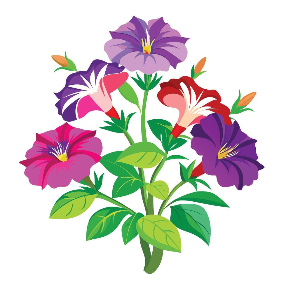 Beautiful Petunia Plant with Bright Trumpet-Shaped Flowers and Green Leaves vector