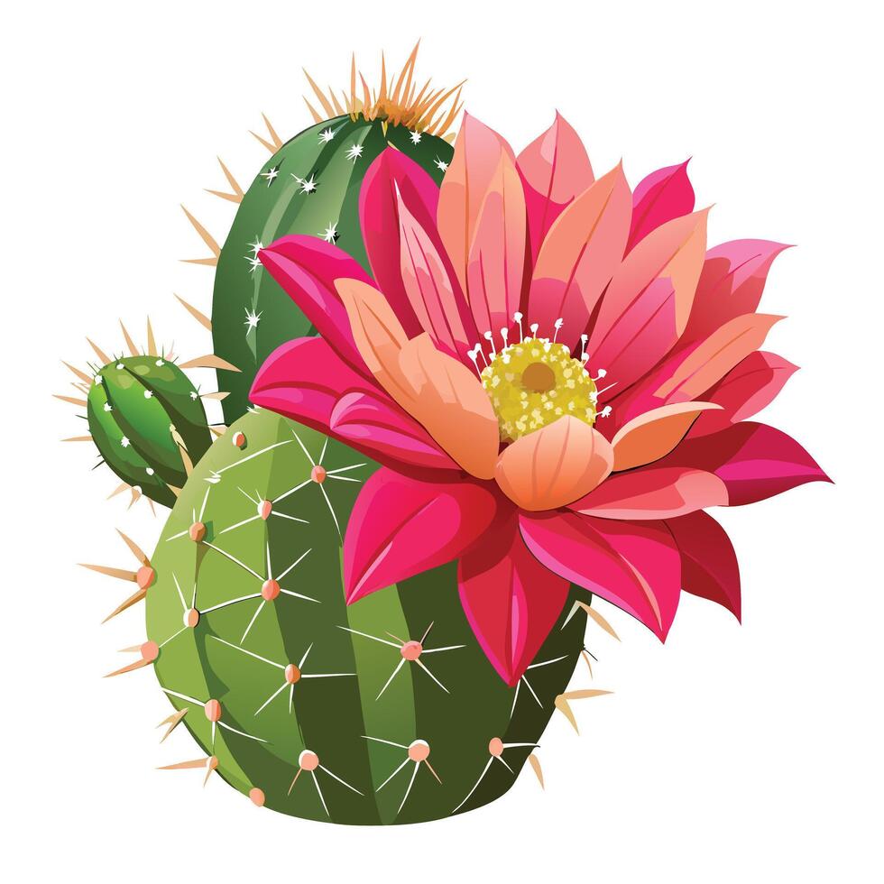 Cactus Flower with Yellow Petals and Green Leaves in a Garden Setting vector