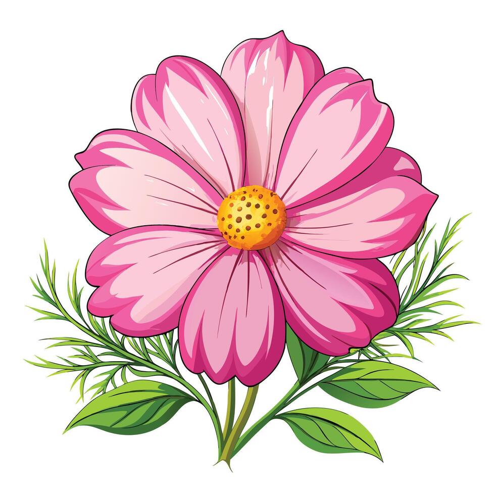 Vibrant Cosmos Flower with Brightly Colored Petals and Leaves in a Natural Setting vector