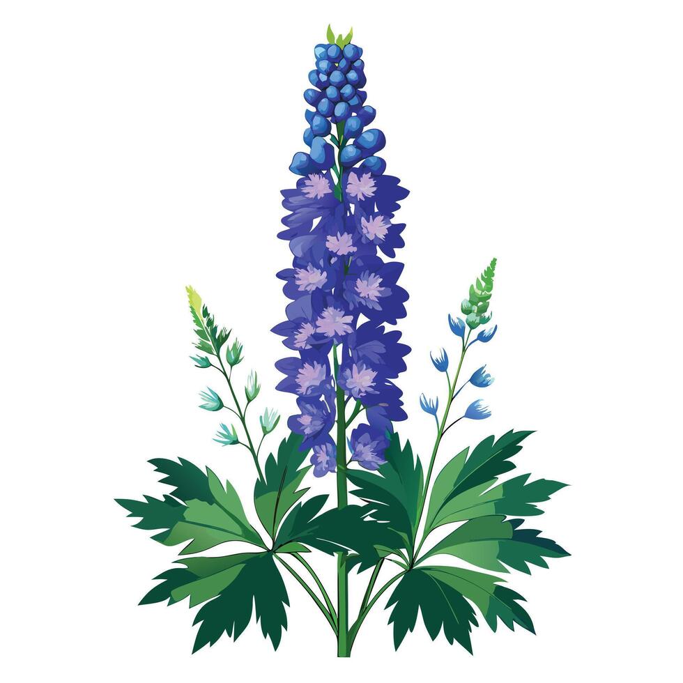 Intricate Details of a Delphinium Plant in a Natural Setting with Wildflowers and Butterflies vector