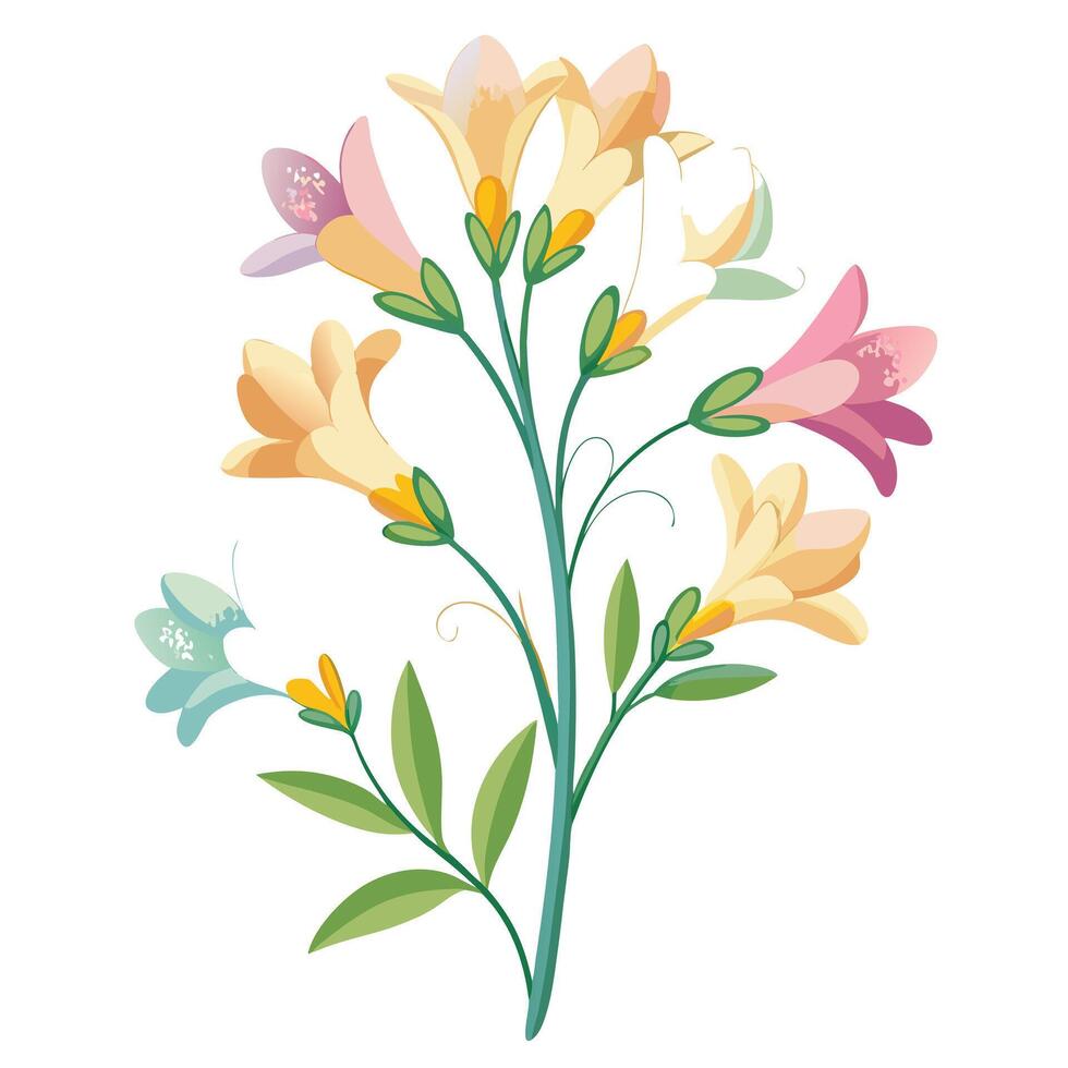 Intricate Details of a Freesia Plant in a Natural Setting with Wildflowers and Butterflies vector