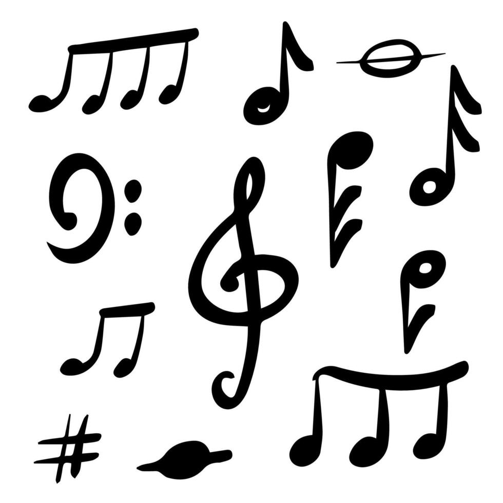 Collection of hand-drawn musical symbols and notes on a white background, including treble clef, bass clef, sharps, rests, and rhythmic notes - perfect for music design, education, and creativity. vector