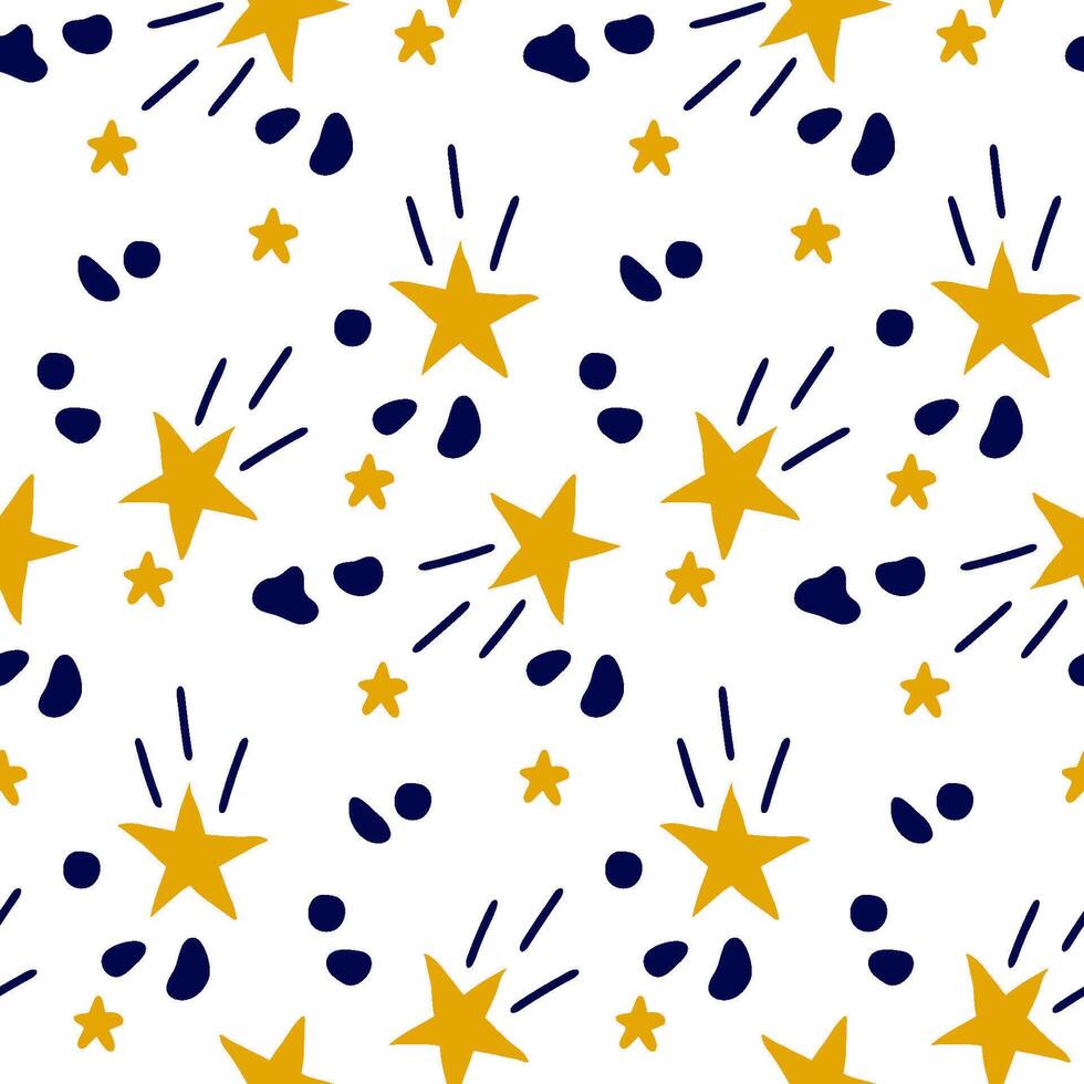 Seamless cosmic star pattern - abstract yellow stars and navy blue dots on white background, playful celestial design perfect for kids textiles, wrapping paper, and cosmic-themed decoration. vector