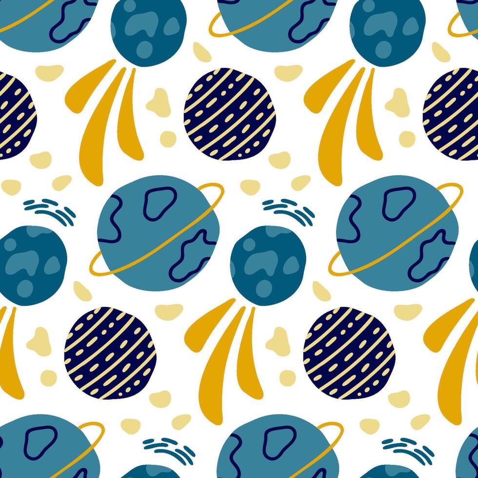 Seamless cartoon space pattern with colorful abstract planets, stars, and comets in a fun and playful style, perfect for childrens designs, wallpapers, fabric, and creative educational materials vector