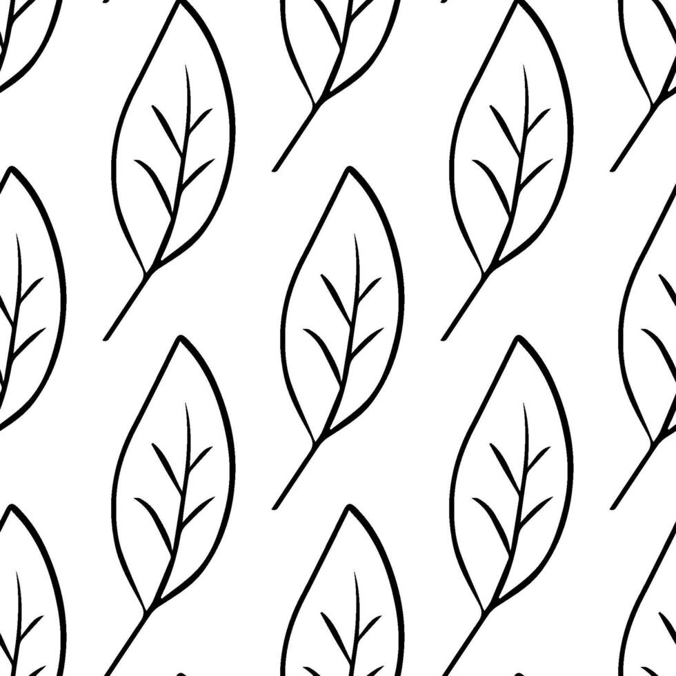 Seamless black and white hand-drawn leaf pattern featuring leaf shapes in a minimalist doodle style, perfect for coloring pages, fabric prints, eco-designs, stationery, backgrounds vector