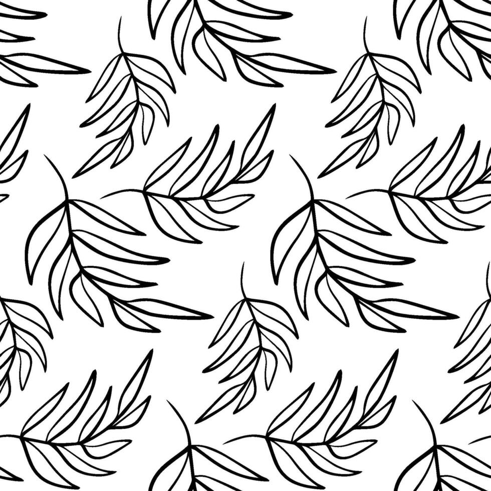 Seamless black and white hand-drawn leaf pattern featuring leaf shapes in a minimalist doodle style, perfect for coloring pages, fabric prints, eco designs, stationery and backgrounds vector