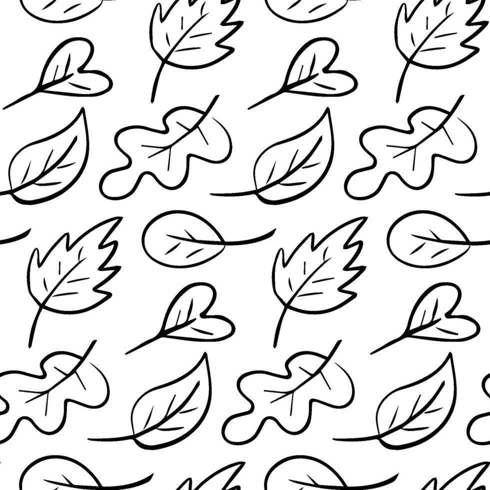 Seamless black and white hand-drawn leaf pattern featuring various leaf shapes in a minimalist doodle style, perfect for coloring pages, fabric prints, eco designs, stationery, and backgrounds vector