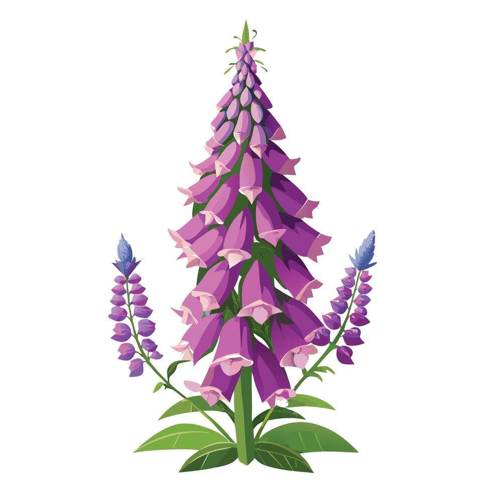 Botanical Rendering of a Foxglove Plant in Full Bloom with Green Leaves and Stems in a Natural Setting with a Garden Bench vector