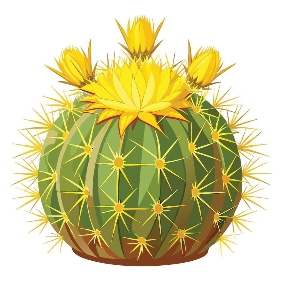 Vibrant Golden Barrel Cactus with Brightly Colored Flowers and Leaves in a Natural Setting vector
