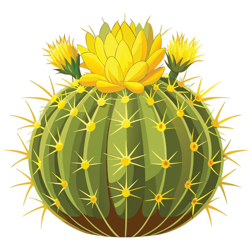 Intricate Details of a Golden Barrel Cactus in a Natural Setting with Wildflowers and Butterflies vector