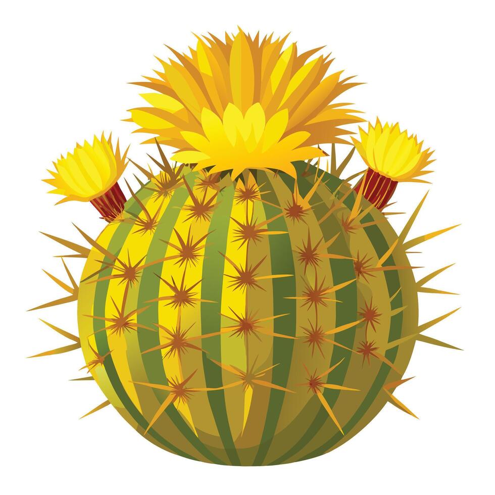 Botanical Rendering of a Golden Barrel Cactus in Full Bloom with Green Leaves and Stems vector
