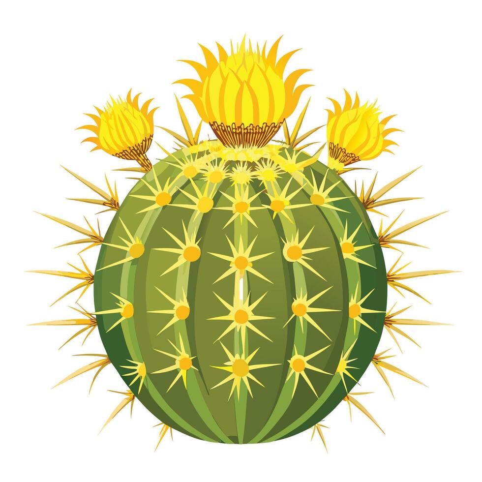 Beautiful Golden Barrel Cactus with Yellow Flowers and Leaves vector