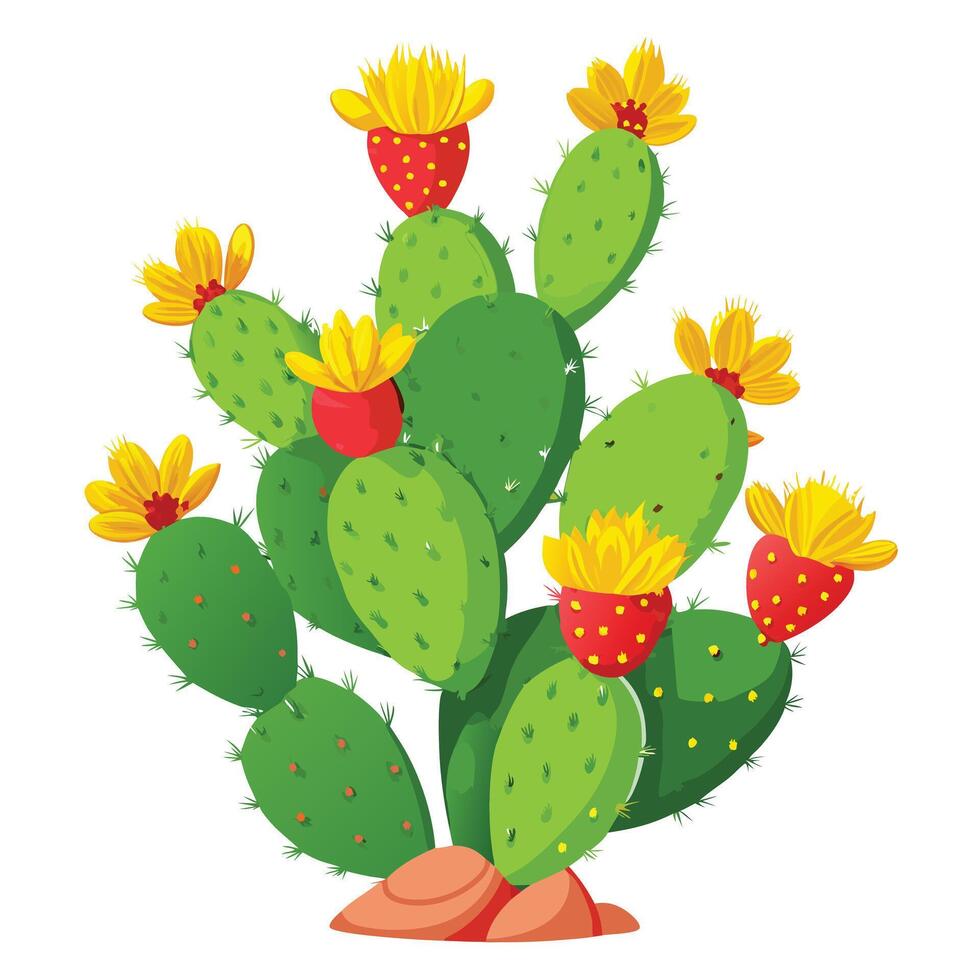 Prickly Pear Cactus with Purple Flowers and Green Leaves in a Garden Setting vector