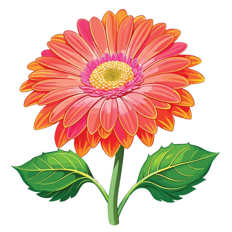 Botanical Illustration of a Vibrant Gerbera Daisy in Full Bloom with Green Leaves and Stems vector