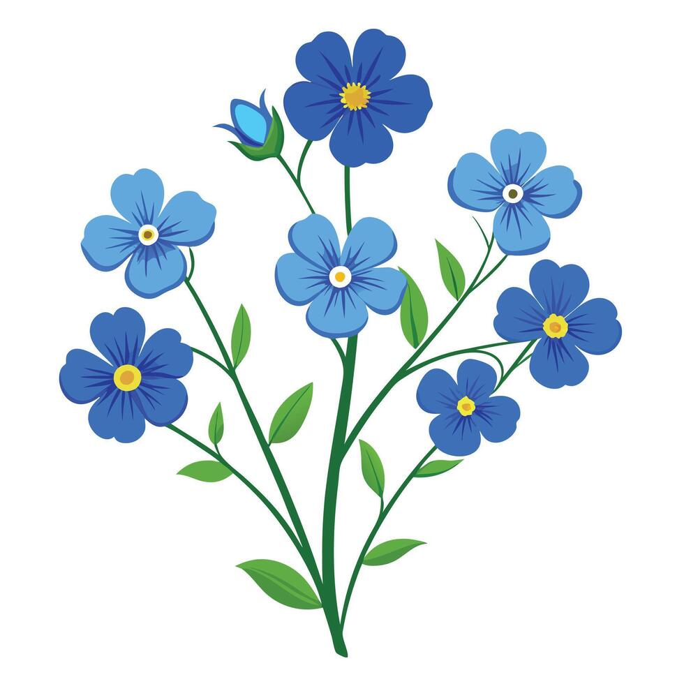 Botanical Depiction of a Blue Flax Plant in Full Bloom with Green Leaves and Stems vector