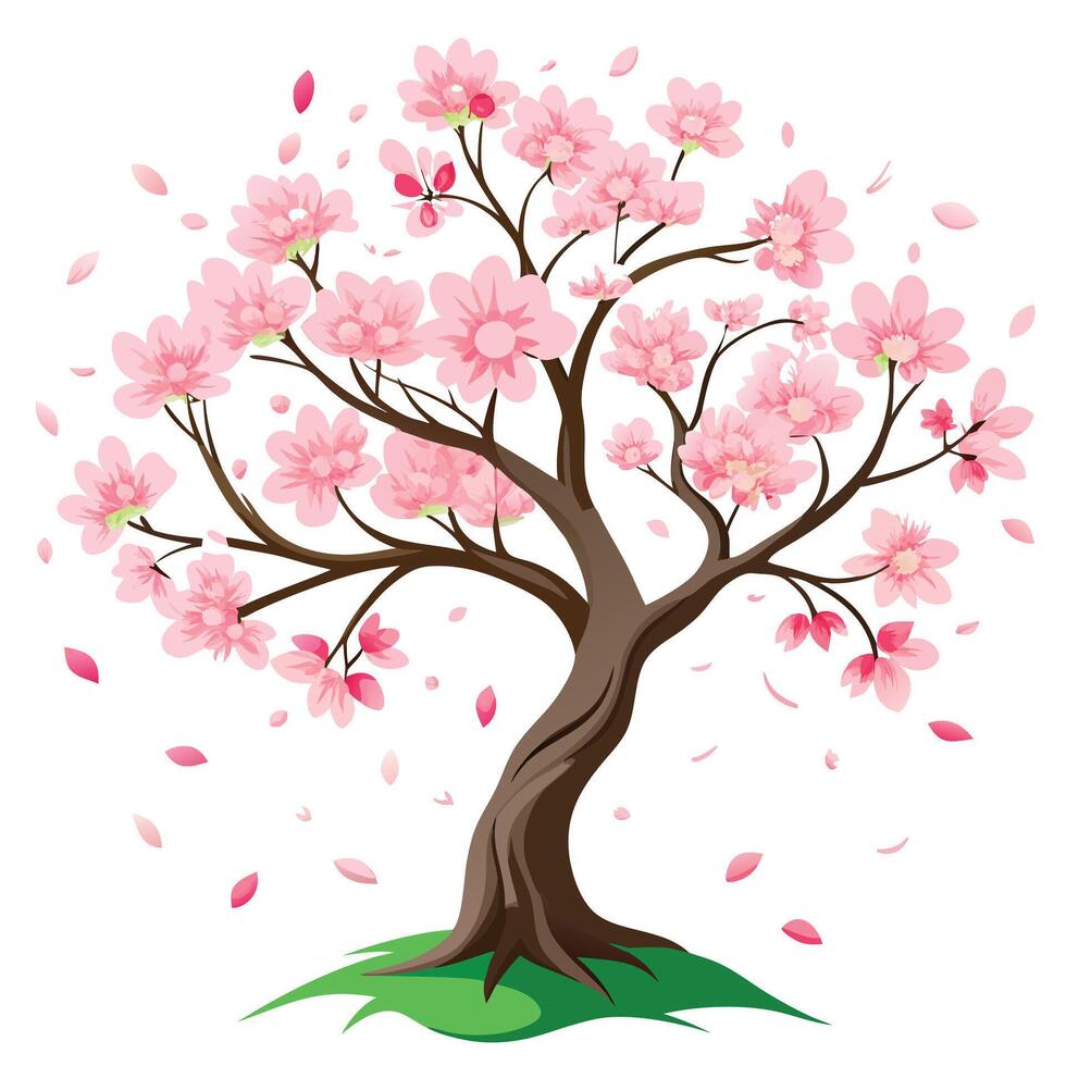 Detailed Illustration of a Cherry Blossom Tree with White Petals and Long Stems vector