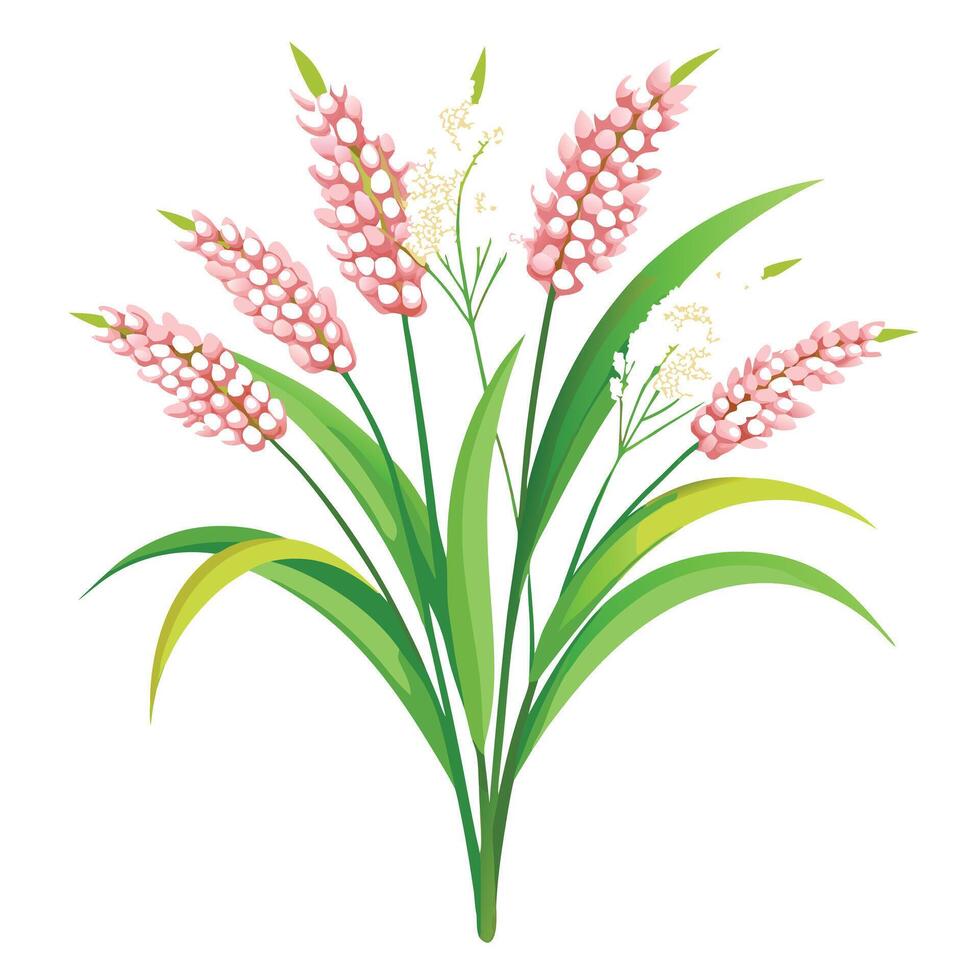 Intricate Details of a Rice Flower Plant in a Natural Setting with Wildflowers and Butterflies vector