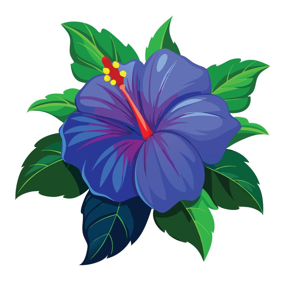 Blue Hibiscus Flower with Yellow Petals and Green Leaves in a Garden Setting vector