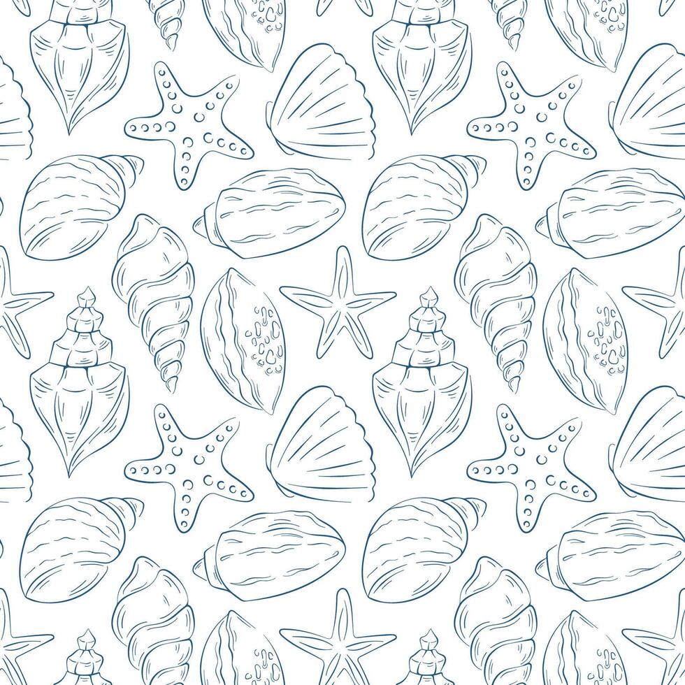 Seamless pattern with hand drawn seashell and starfish in line art style. Perfect for beach themed design, ocean print, summer decor, marine, coastal style wrapping paper, fabric on white background. vector