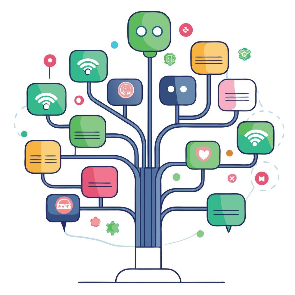 Vibrant AI Chatbot Tree with Brightly Colored Leaves and Trunk in a High-Tech Setting vector