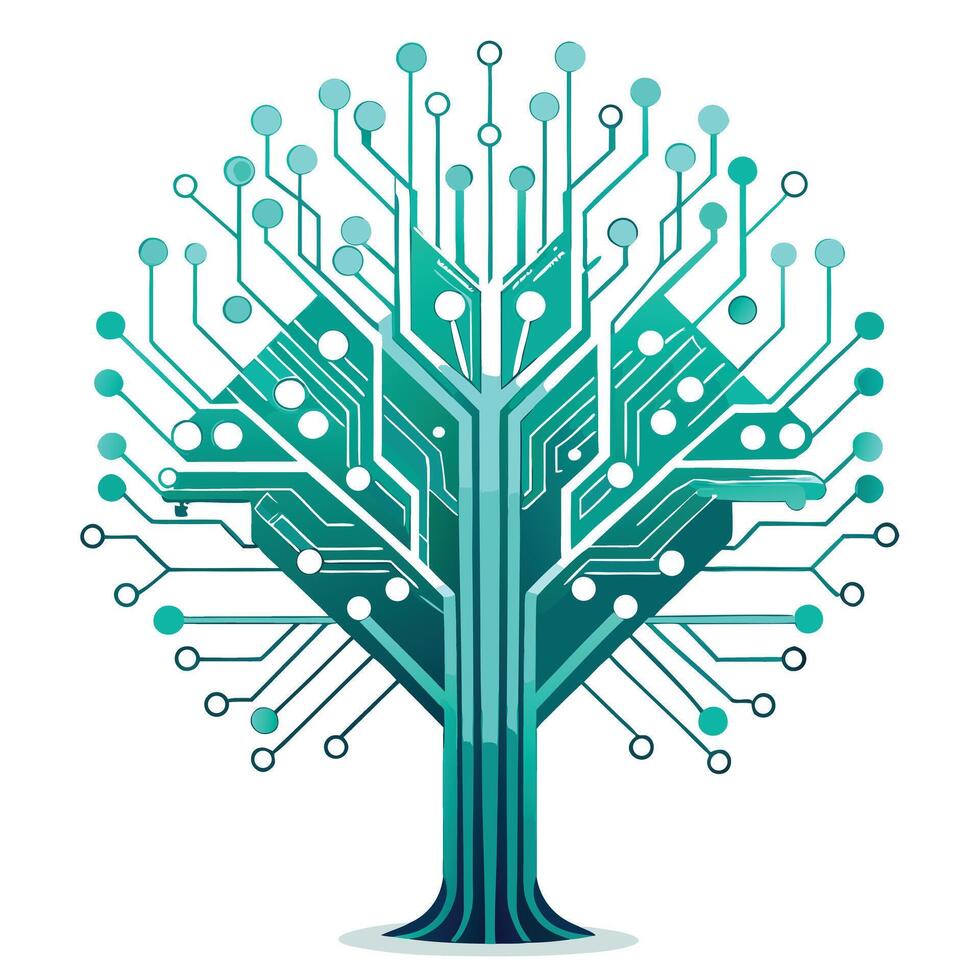 Botanical Digital Tree with Green Leaves and Trunk in a Natural Setting vector