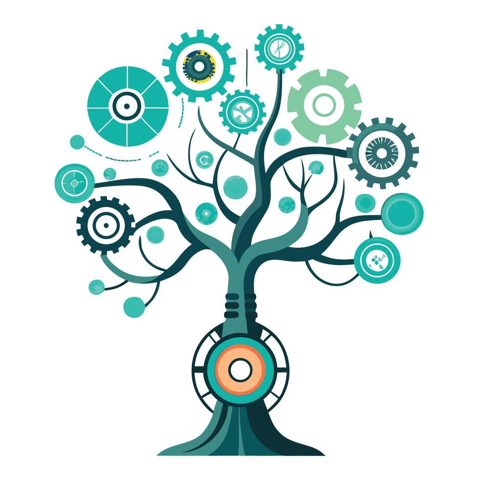 AI-Powered Robot Tree with Modern Leaves and Trunk in a Futuristic Setting vector