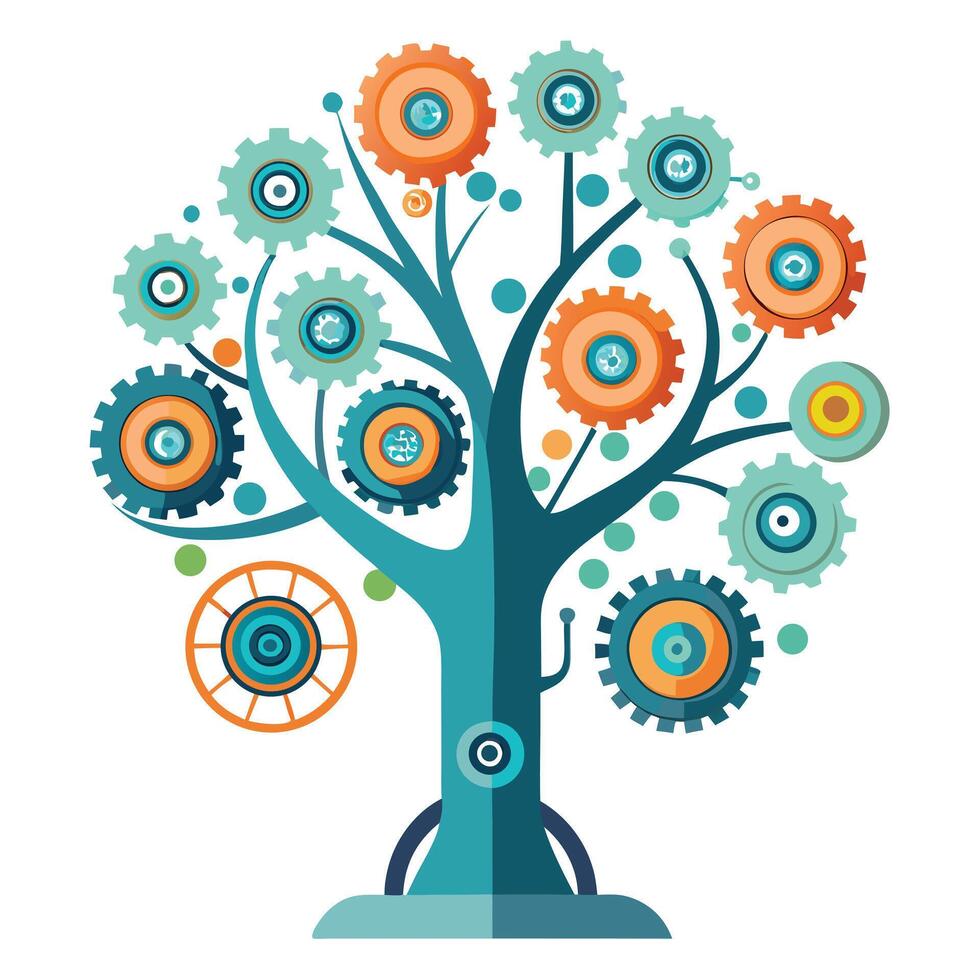 Vibrant AI-Powered Robot Tree with Brightly Colored Leaves and Trunk in a High-Tech Setting vector