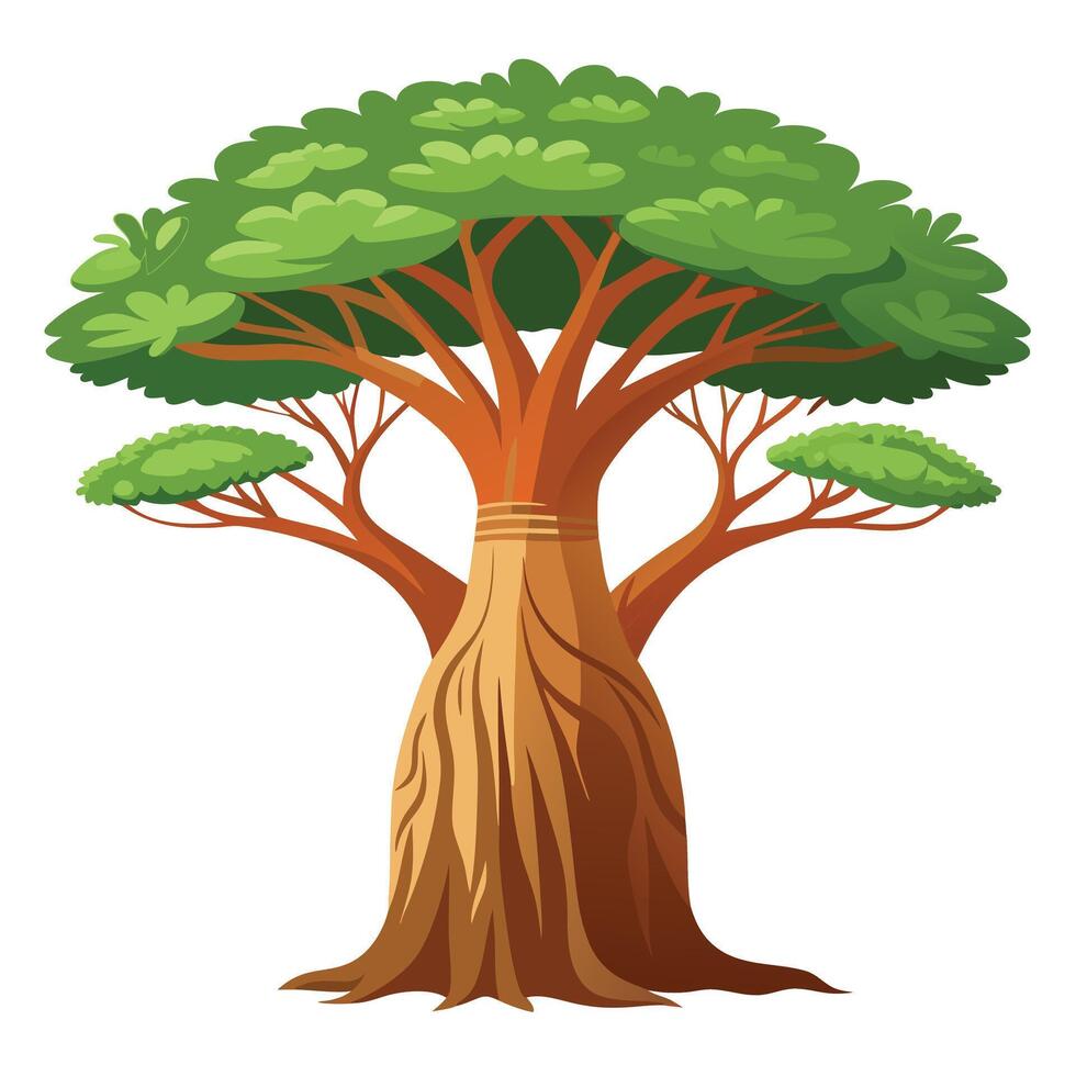 Vibrant Ancient Baobab Tree with Brightly Colored Leaves and Trunk in a Whimsical Setting vector
